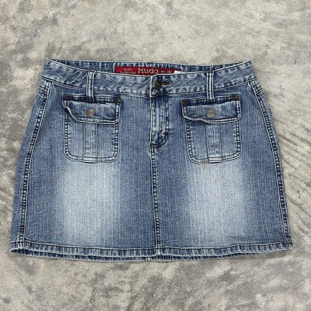 Y2K Mudd Jeans Denim Mini Skirt Juniors Sz 9 2000s 90s Logo Pockets